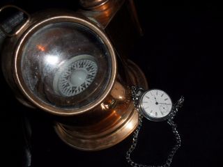 Ships Compass With Side Lamp Maritime Nautical Elgin 18 Sz Pocket Watch & Chain photo
