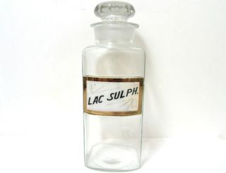 Antique/vintage ' Lac Sulph.  ' Apothecary Pharmacy Bottle Jar W/glass Label C1892 photo