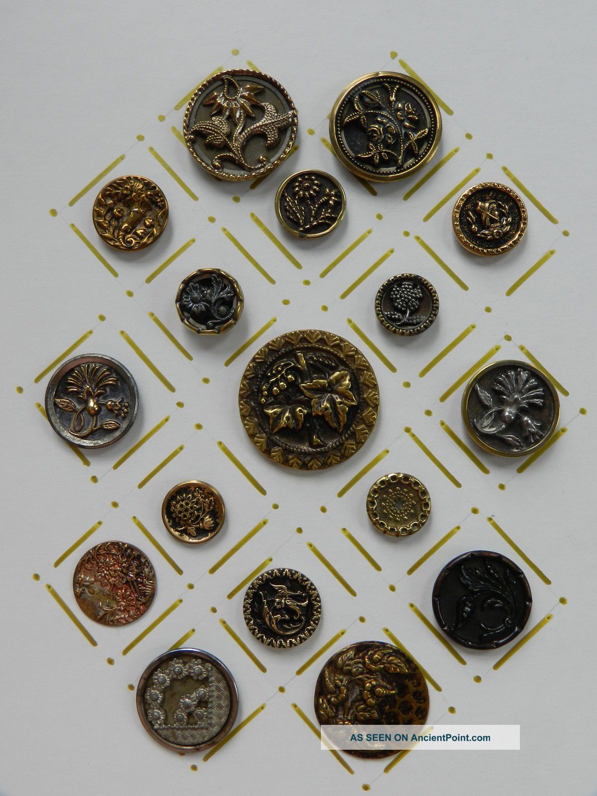 17 Victorian Escutcheon Buttons Antique Brass,  Some White Metal Buttons photo