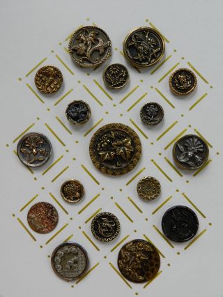 17 Victorian Escutcheon Buttons Antique Brass,  Some White Metal photo