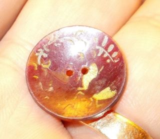 Antique Rare Real Tortoise Shell Button,  Hand Painted W/ Floral Decoration photo