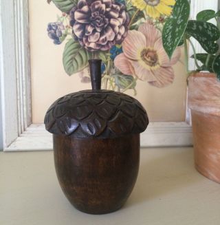 Vintage Antique Hand Carved Wooden Acorn Storage Trinket Box Folk Art photo