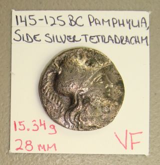 145 - 125 Bc Pamphylia,  Side Athena/nike Ancient Greek Silver Tetradrachm Vf photo