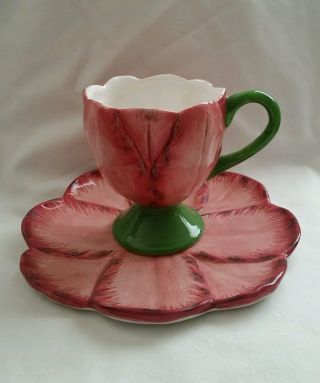Teleflora Flower Petal Tea Cup And Saucer,  Pink And Purple photo