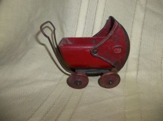 Vintage Red Wood Metal Toy Baby Doll Stroller Carriage Buggy photo