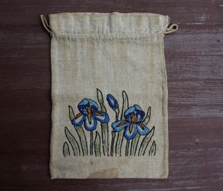 Vtg Antique 1910 Arts & Crafts Embroidered Linen Purse Handbag Reticule Irises photo
