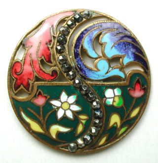 Lg Antique French Enamel Button Pierced Colorful W/ Cut Steel Accents 1 & 3/8 