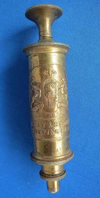 Victorian Brass Syringe Or Pump By Gray & Selby,  Nottingham With Royal Crest photo