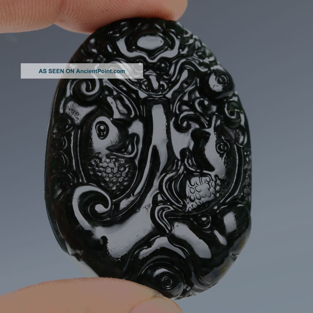 100 Natural Obsidian Hand - Carved Fish Jump Dragon Door Pendant Necklaces & Pendants photo