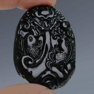 100 Natural Obsidian Hand - Carved Fish Jump Dragon Door Pendant photo