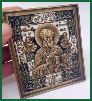 Russia Orthodox Bronze Icon Saint Nicholas Chudotvorets (wonder - Worker).  Enamels photo
