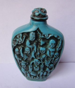 Old Chinese Handwork Turquoise Carven Small Buddha Design Snuff Bottle photo