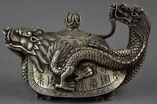 Collectible Decorated Old Handwork Tibet Silver Carved Dragon Tortoise Teapot photo