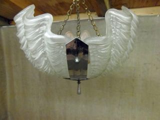 Art Deco Clam Shell Ceiling Light Fitting,  With Chains,  Opaque Glass,  Chrome,  Vgc photo