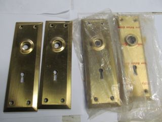 (6) Vintage Door Knob & Lock Plates,  Brass Plated Steel, photo