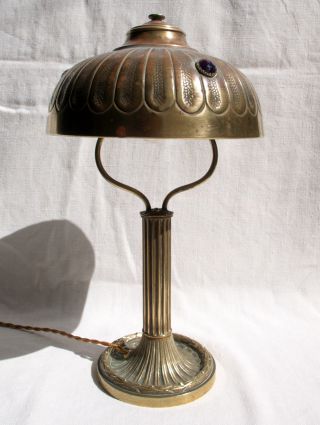 Antique Art Nouveau French Mushroom Lamp With Jewelled Shade - Bronze Base photo