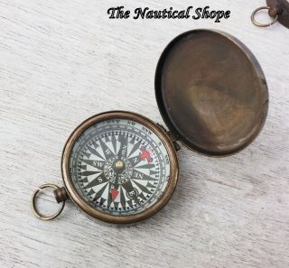 Antique Finish Compass W Lid Solid Brass Navigation Pocket Compass Vintage Gift photo