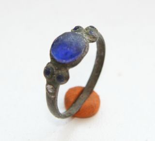 Ancient Medieval Bronze Finger Ring With Blue Inlay (jll) photo