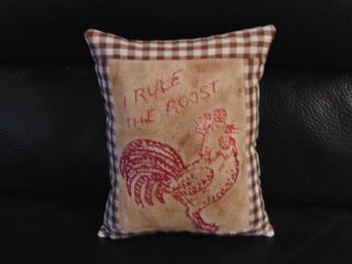 Rooster Pillow Primitive Farmhouse Embroidered Brown Gingham Handmade photo
