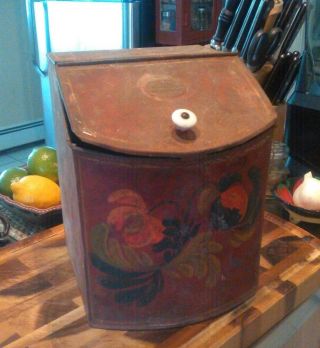 Antique Handpainted Lidded Metal Merchant Box With Porcelain Knob And Label photo
