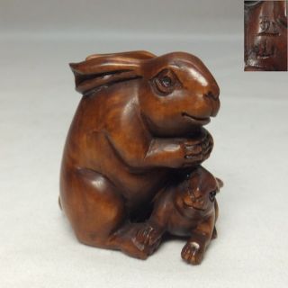 G082: Japanese Cultural Boxwood Carving Netsuke Of Two Rabbits Statue With Sign photo