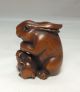 G082: Japanese Cultural Boxwood Carving Netsuke Of Two Rabbits Statue With Sign Netsuke photo 3