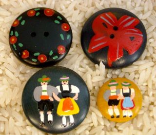 4 Antique Vintage Hand - Painted Wooden Buttons Alpine Couple Flowers photo