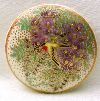 Antique Satsuma Button Meiji Era Colorful Bird & Purple Wisteria 1 & 3/16 