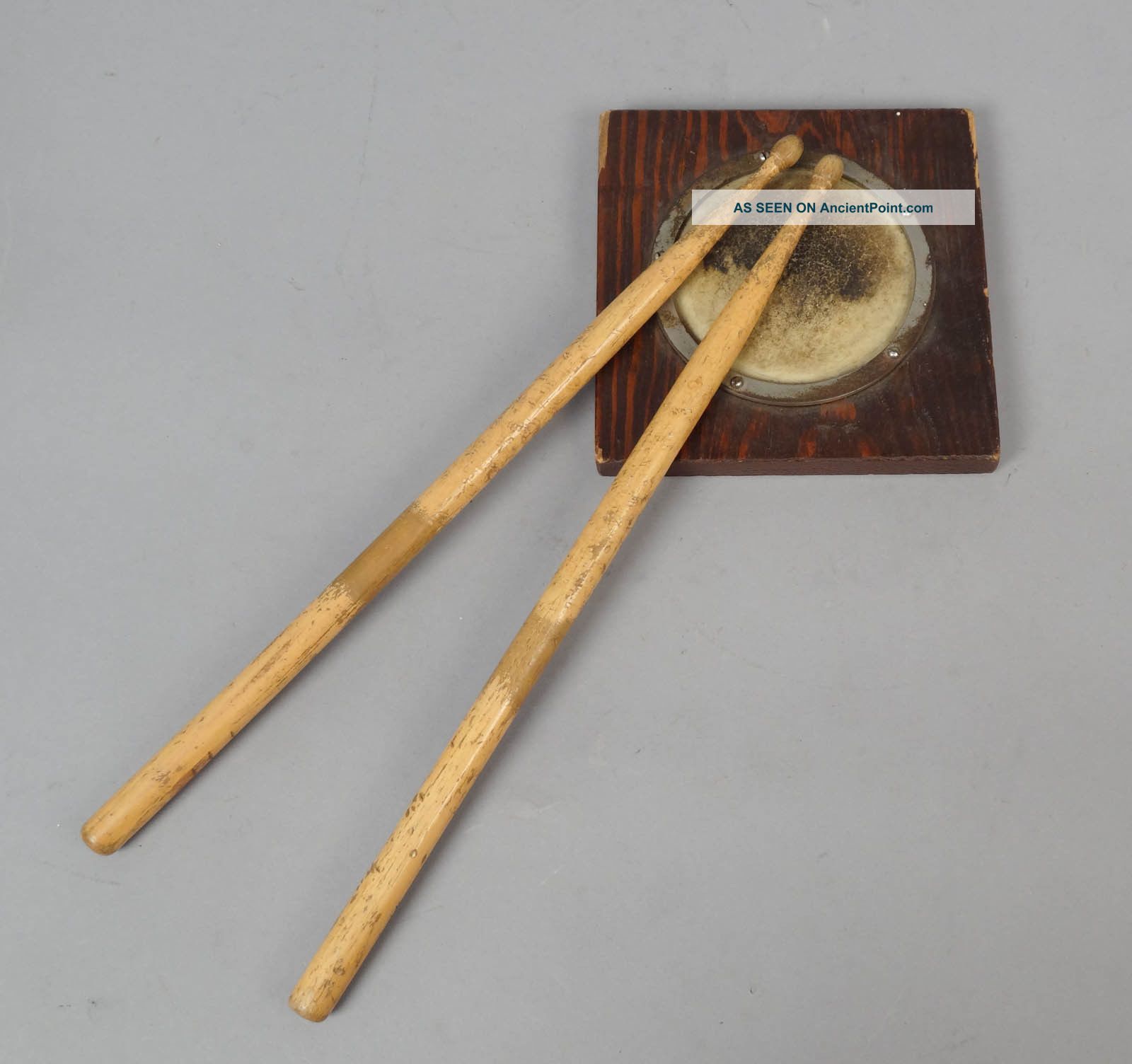 Fun Vintage Early 20th Century Pair Drumsticks W Oak Leather Practicing Pad Percussion photo