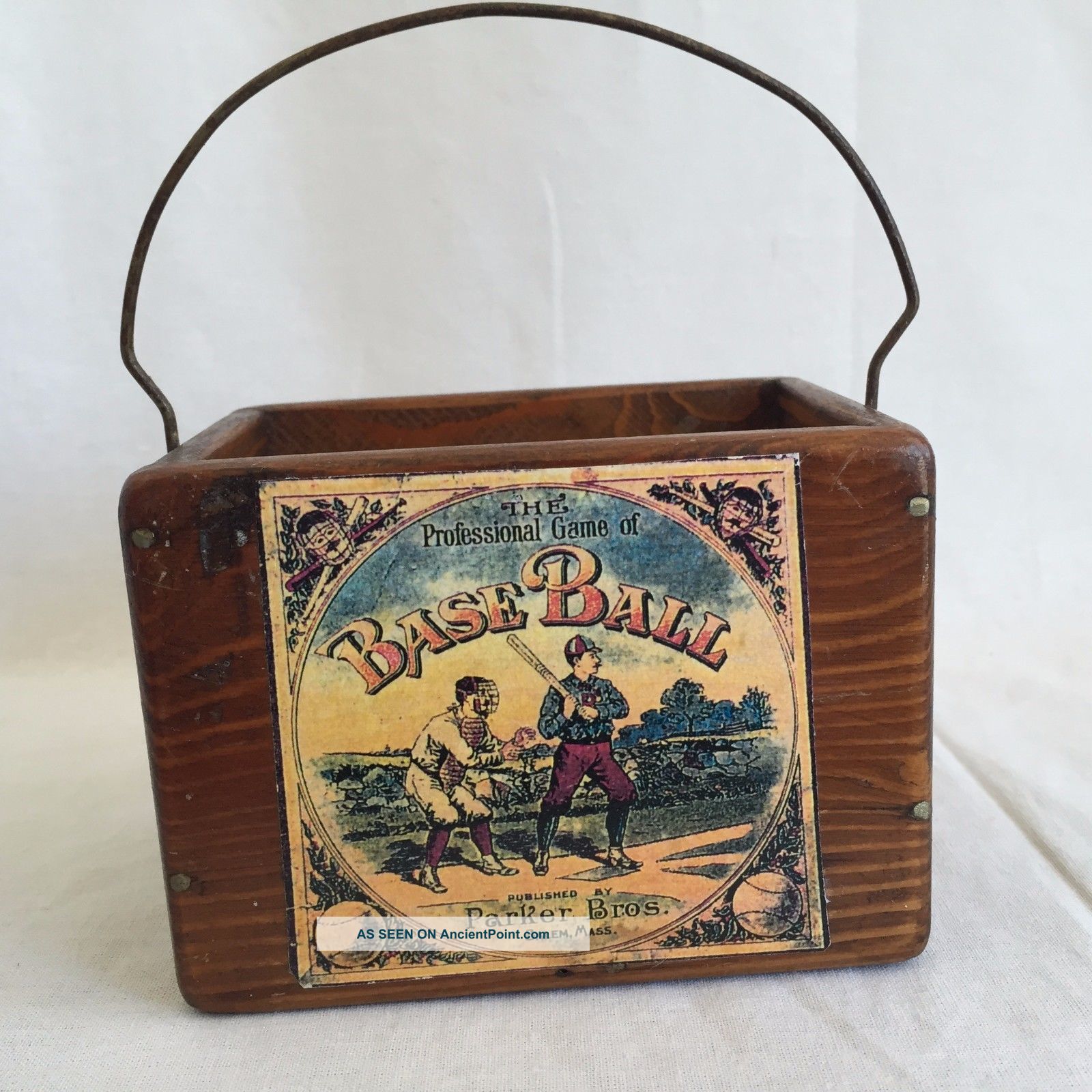 Vintage Wooden Display Trinket Box Basket Parker Brothers Baseball 4.  5 