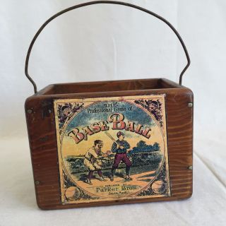 Vintage Wooden Display Trinket Box Basket Parker Brothers Baseball 4.  5 