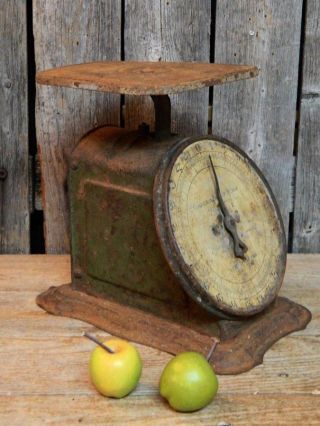 Antique Primitive 1907 Rustic Green Country Farm House Kitchen Scale photo