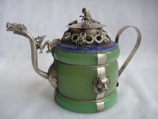 Chinese Handwork Old Green Jade Bracelet Inlay Tibet - Silver Dragon Teapot photo