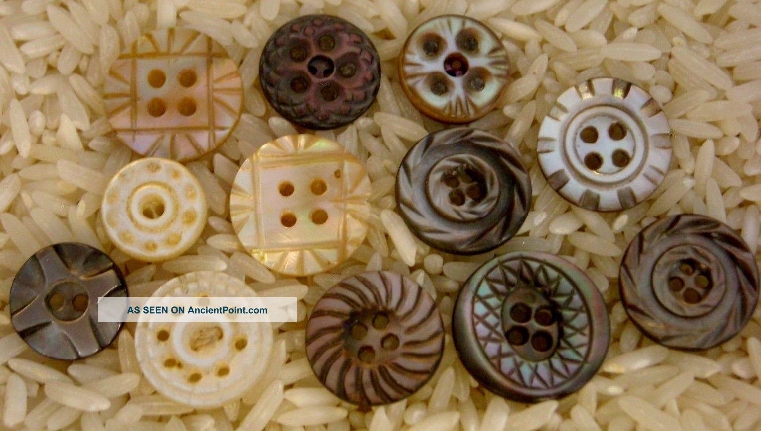 12 Antique Carved Mother Of Pearl / Shell Buttons Incl 2 Pairs & 1 Whistle Buttons photo