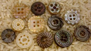 12 Antique Carved Mother Of Pearl / Shell Buttons Incl 2 Pairs & 1 Whistle photo