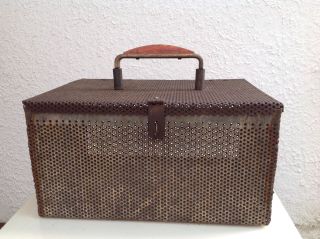 1930s Vintage Industrial Perforated Steel Lidded Box W/ Tortoiseshell Bakelite photo