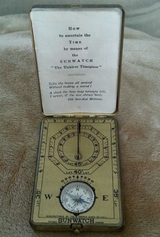Antique Sunwatch 1920 ' S Brass Pocket Sun Dial With Booklet By Ansonia Watch Co. photo