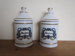 French Porcelain Apothecary Pharmacy Jars ' Heroine ' And ' Morphine ' photo