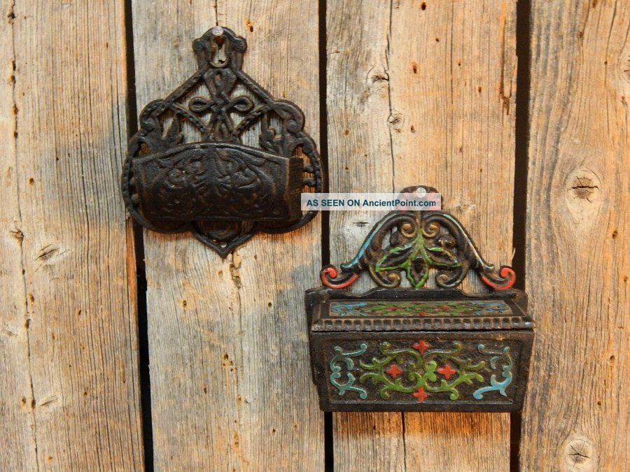 2 Antique Primitive Cast Iron Wall Match Safe Holders Farm House Primitives photo