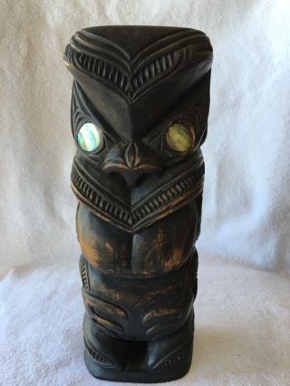 Vintage Carved Hardwood Zealand Maori Tiki… With Paua Shell Eyes. photo