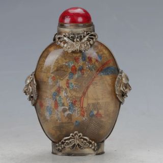 Chinese Tibet Silver&glass Handwork Picture Of Market Stall Snuff Bottle C99 photo