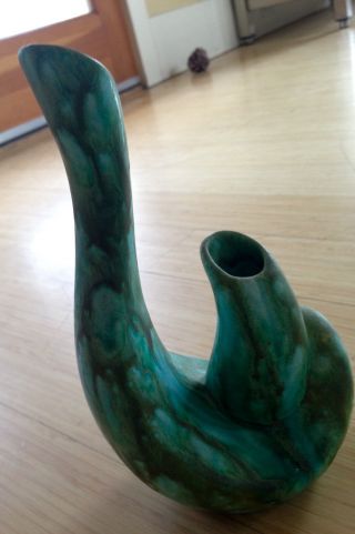 Mid Century Modern Blue Green Vase 2 Holes Retro Drip Glaze photo