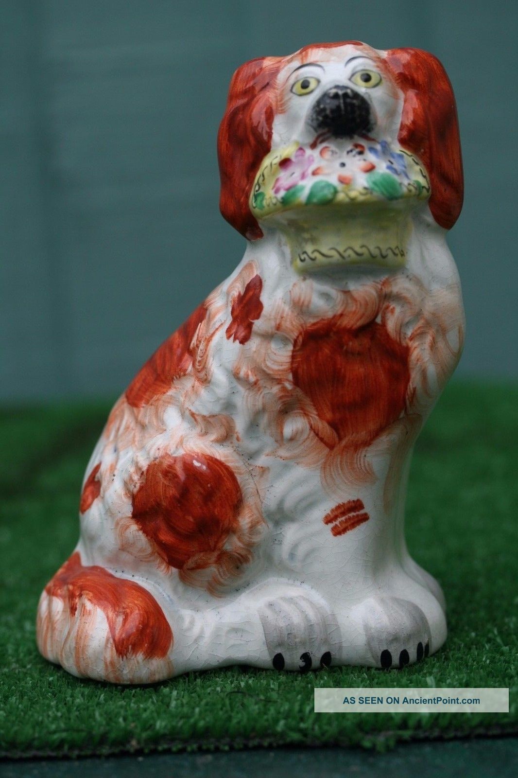 Mid 19thc Staffordshire Russet Red & White Flower Basket Spaniel Dog 1850 Figurines photo