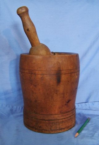 Huge Antique Early Primitive 19thc Wooden Mortar & Pestle Treenware Apothecary photo