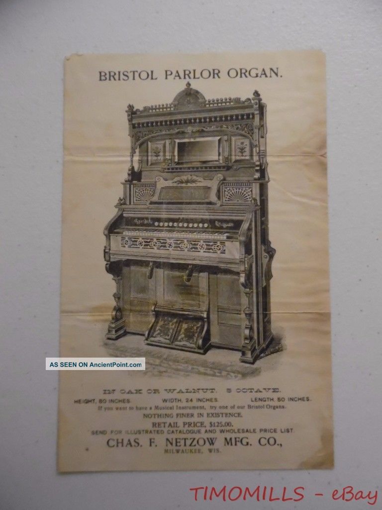 C.  1890s Chas F Netzow Mfg Co.  Bristol Parlor Organ Advertising Broadside Leaflet Keyboard photo