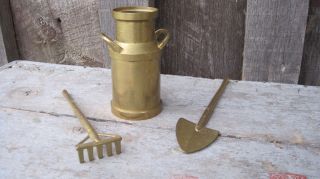 Vintage Mid Century Brass Miniature Milk Can & Rake Shovel Farm Garden Tools photo