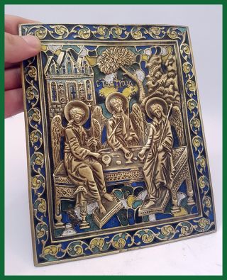 Large Russia Orthodox Bronze Icon The Old Testament Trinity.  Enameled 19th.  Cen photo