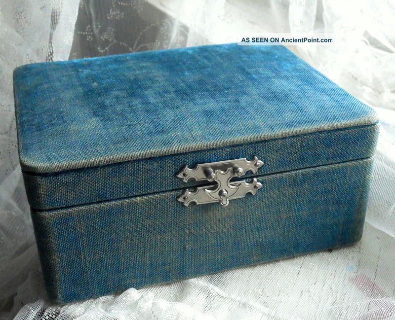 Antique Victorian Vintage Teal Velvet Sewing Jewelry Box Lace Bobbin Holders Baskets & Boxes photo