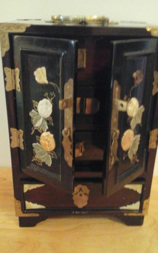 Vintage Jewelry Box,  Cherry Wood,  Brass Detailing,  Carved Mother Of Pearl Flower photo