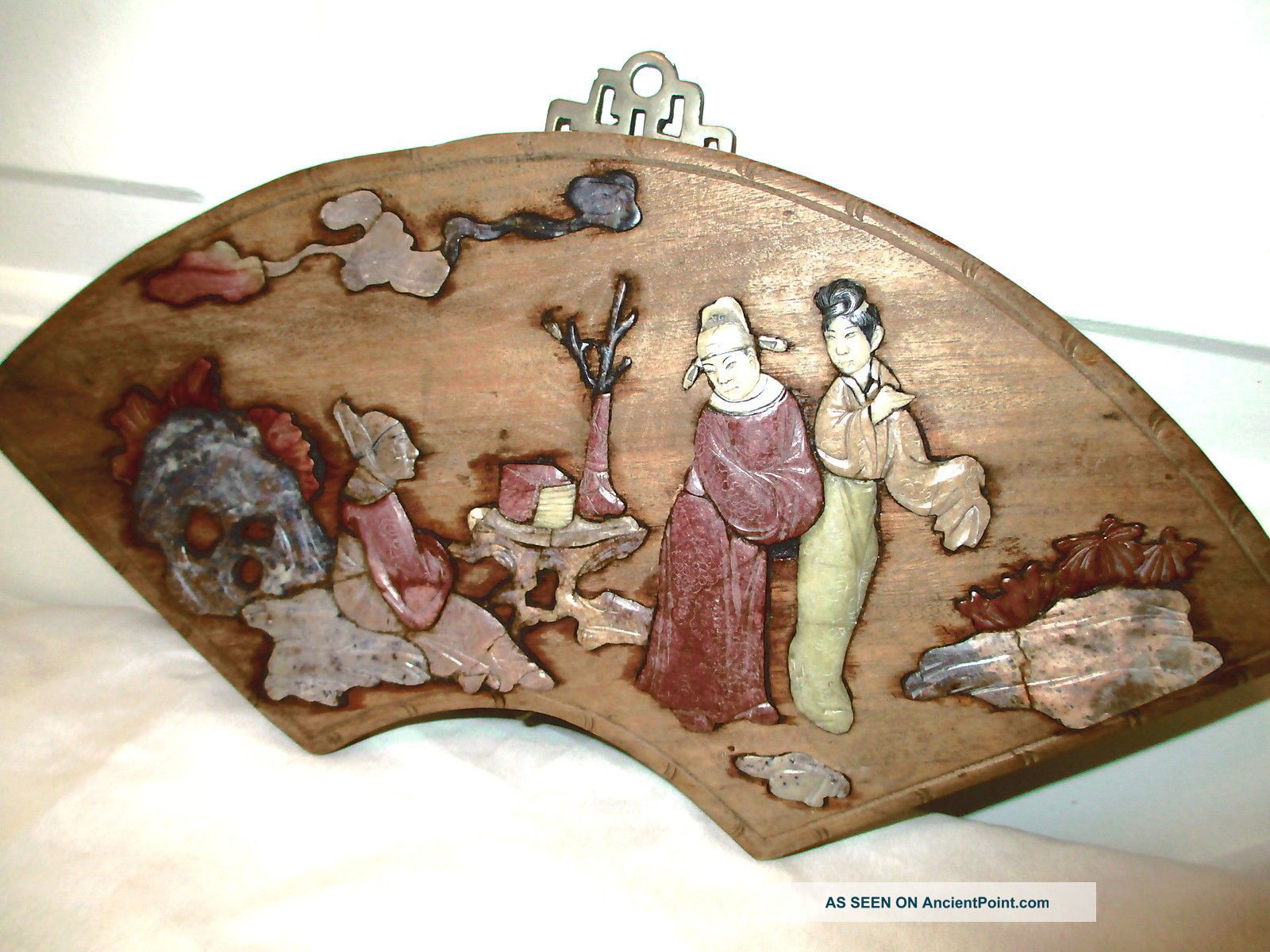 Chinese Japanese Wall Plaque With Semi Precious Stones Jade Etc.  Ladies Garden Carved Figures photo